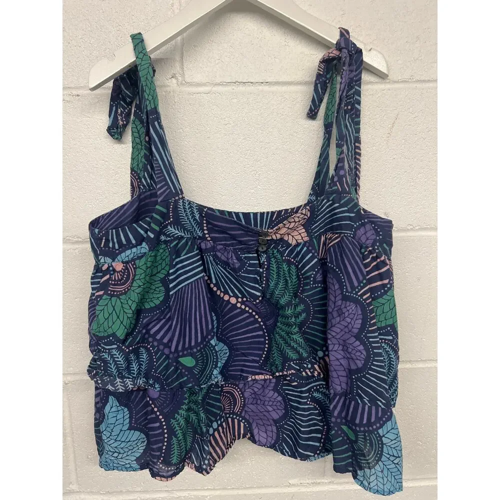 Warm  3/Large Purple Green Floral Tie Strap Square Neck Crop Woodstock Tank Top - Picture 7 of 8